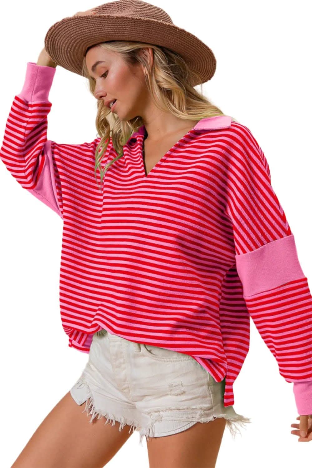 BiBi Striped Contrast Long Sleeve Knit Top - Love Salve 