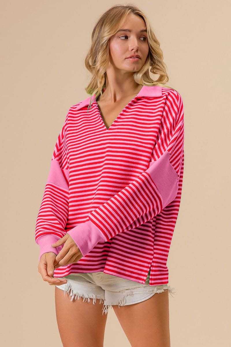 BiBi Striped Contrast Long Sleeve Knit Top - Love Salve 