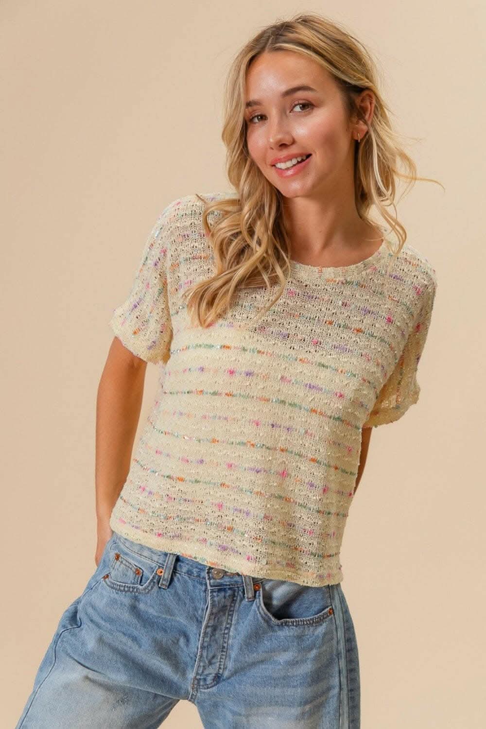 BiBi Striped Popcorn Knit Top 