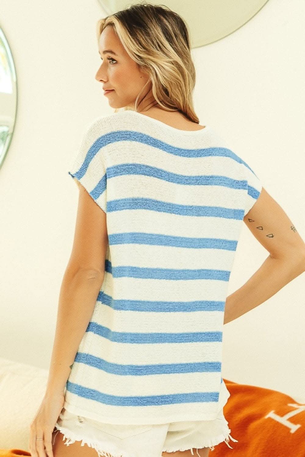 BiBi Striped Round Neck Short Sleeve Knit Top 