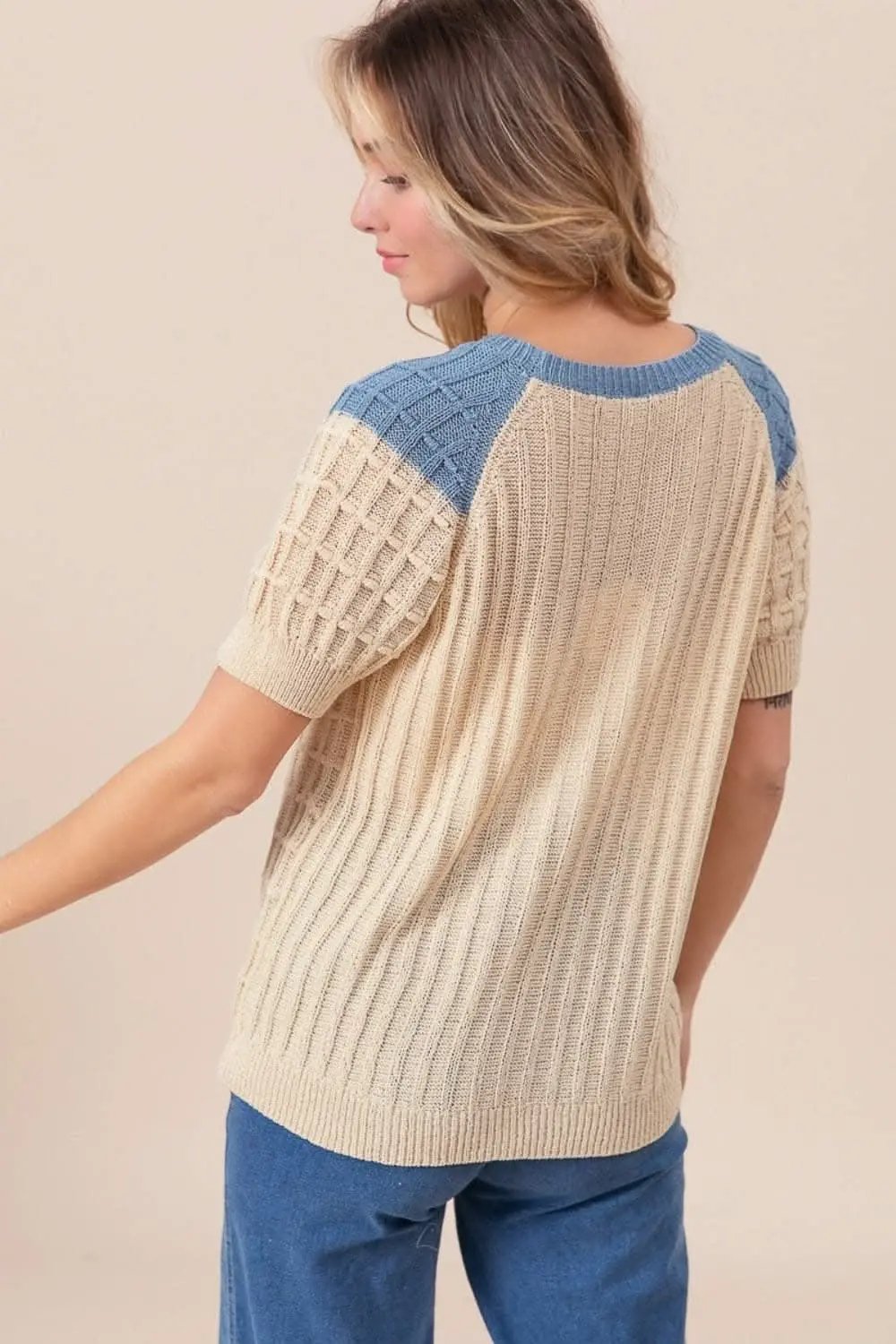 BiBi Textured Contrast Short Sleeve Sweater - Love Salve 