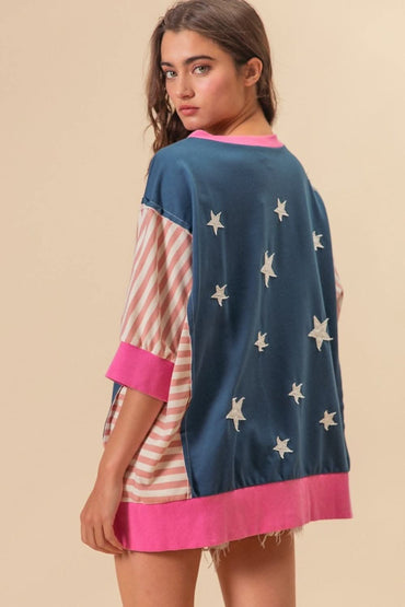 BiBi US Flag Theme Color Block Star Patch T-Shirt - Love Salve 