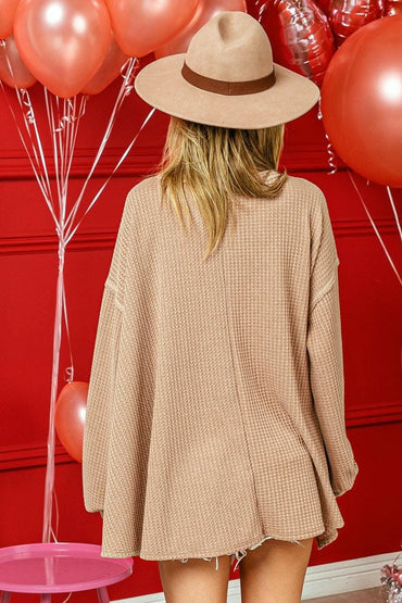BiBi V-Neck Waffle Uneven Hem Top 