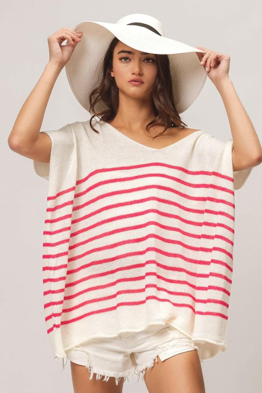 BiBi V Neck Striped Short Sleeve Top 