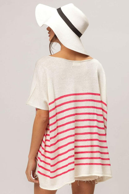 BiBi V Neck Striped Short Sleeve Top 