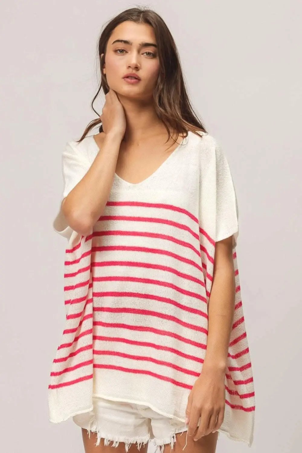 BiBi V Neck Striped Short Sleeve Top - Love Salve 