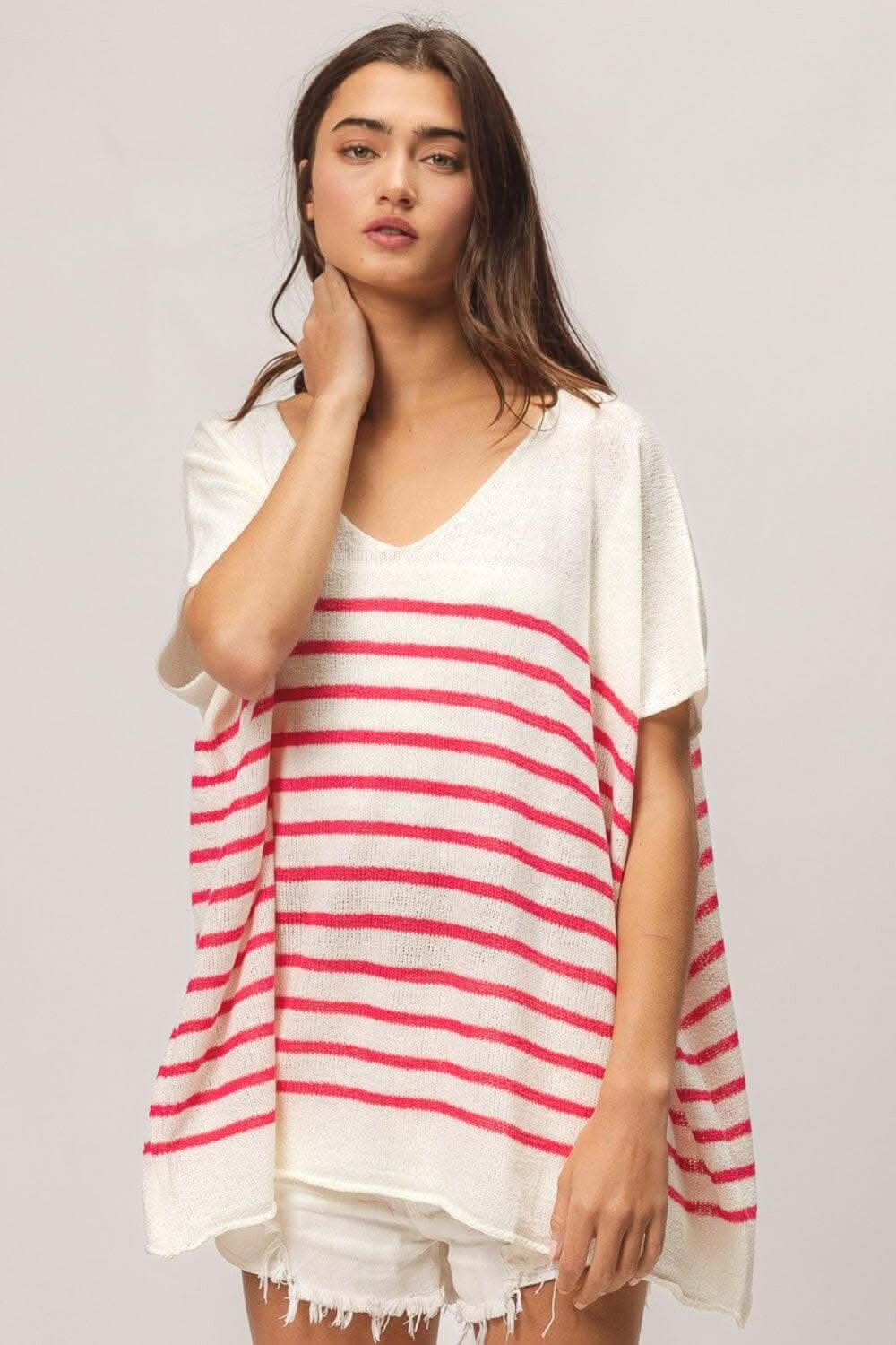 BiBi V Neck Striped Short Sleeve Top 