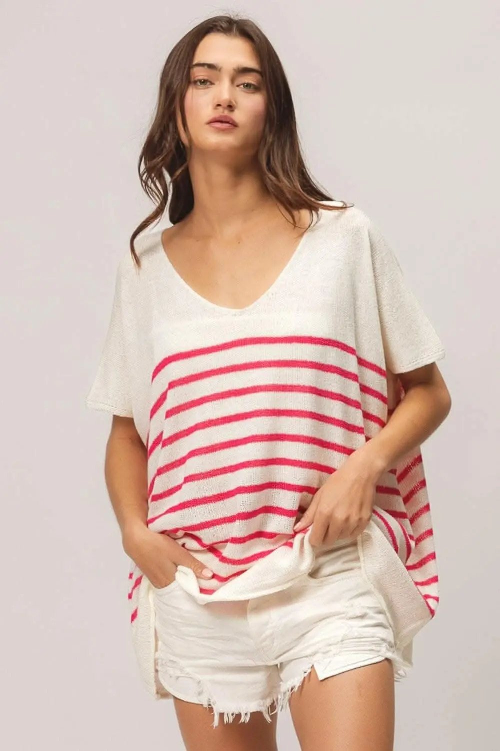 BiBi V Neck Striped Short Sleeve Top - Love Salve 