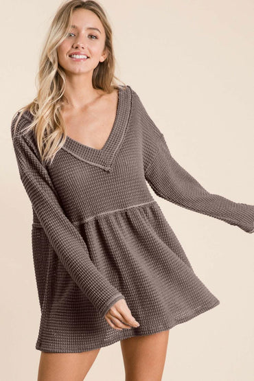 BiBi Waffle Knit V-Neck Babydoll Blouse - Love Salve 