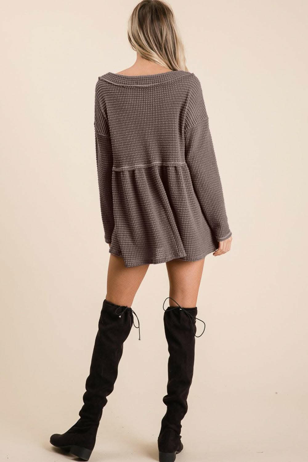 BiBi Waffle Knit V-Neck Babydoll Blouse - Love Salve 
