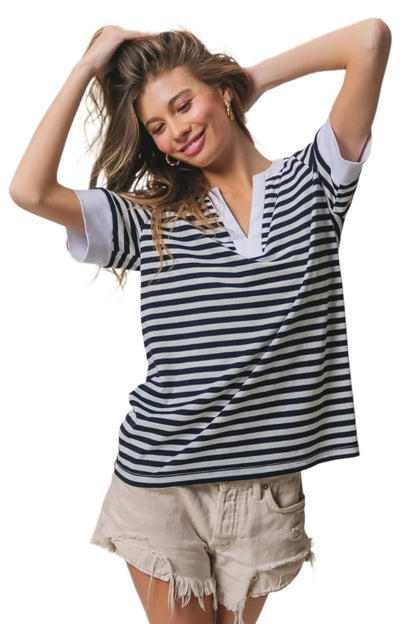 BiBi notched knit top with stripes 