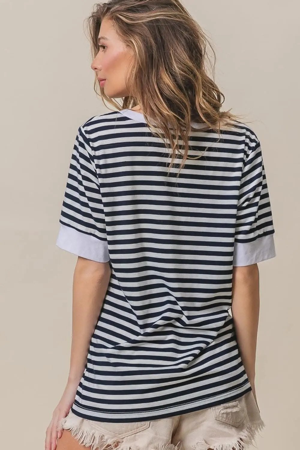 BiBi notched knit top with stripes - Love Salve 