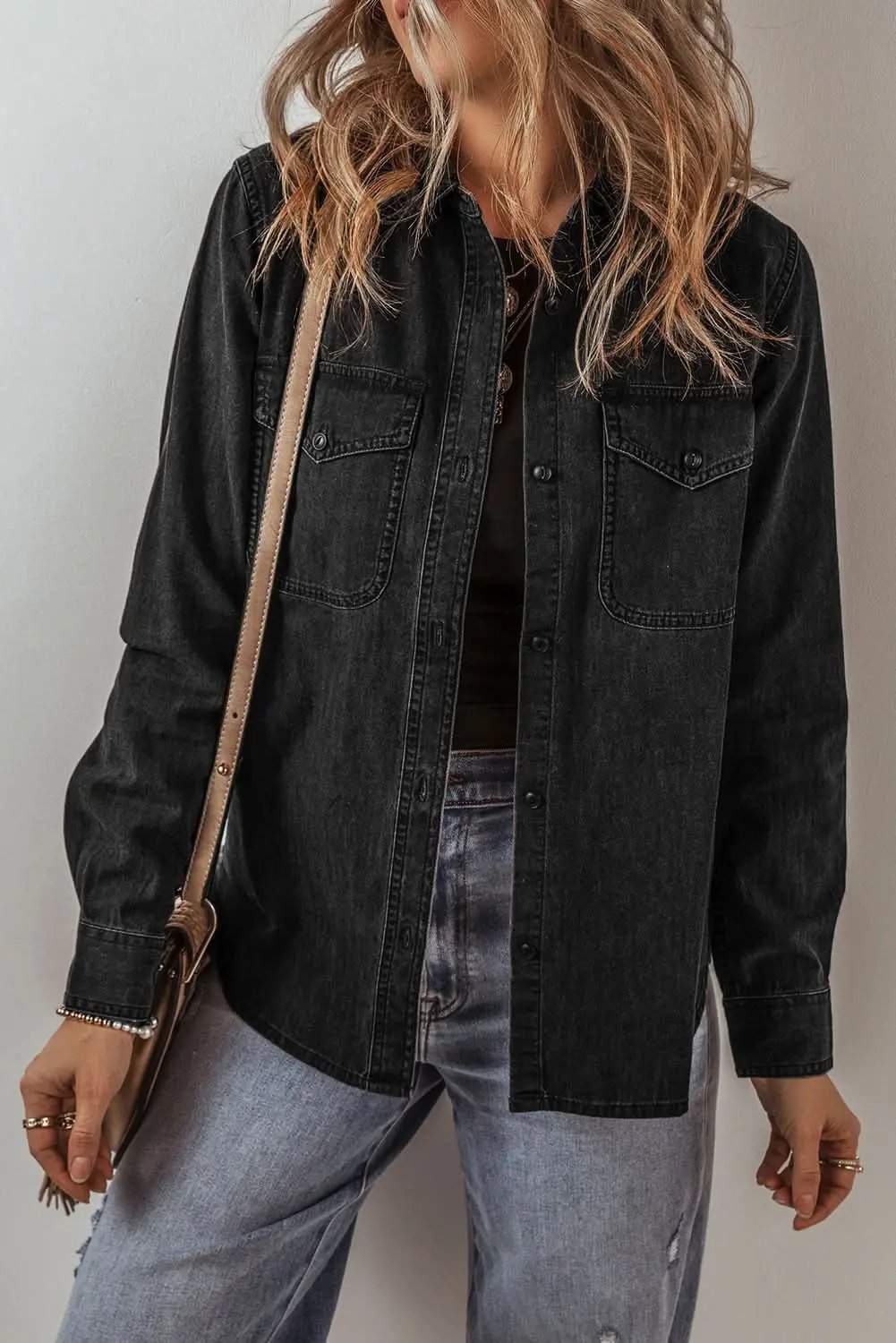 Black Flap Pocket Buttons Collared Jean Jacket - Love Salve 