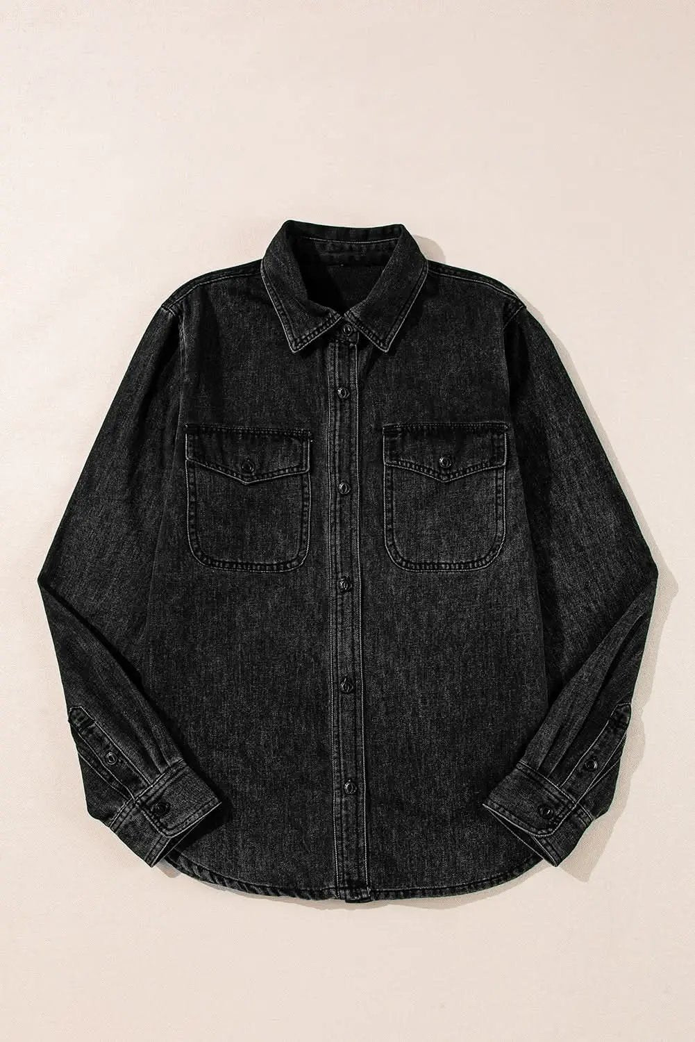 Black Flap Pocket Buttons Collared Jean Jacket - Love Salve 