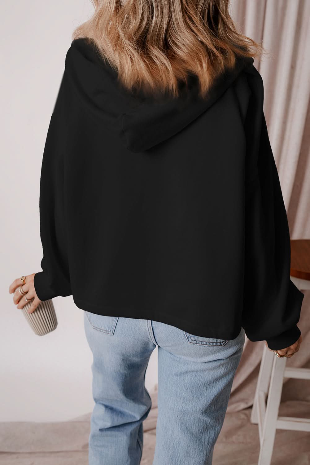 Black Fleece Lined Half Zipper Kangaroo Pockets Loose Hoodie 