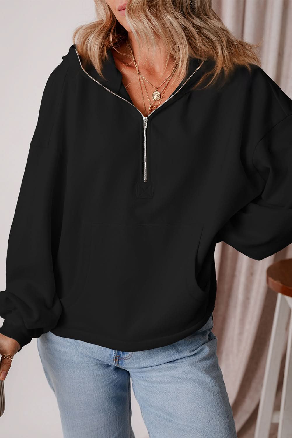 Black Fleece Lined Half Zipper Kangaroo Pockets Loose Hoodie 