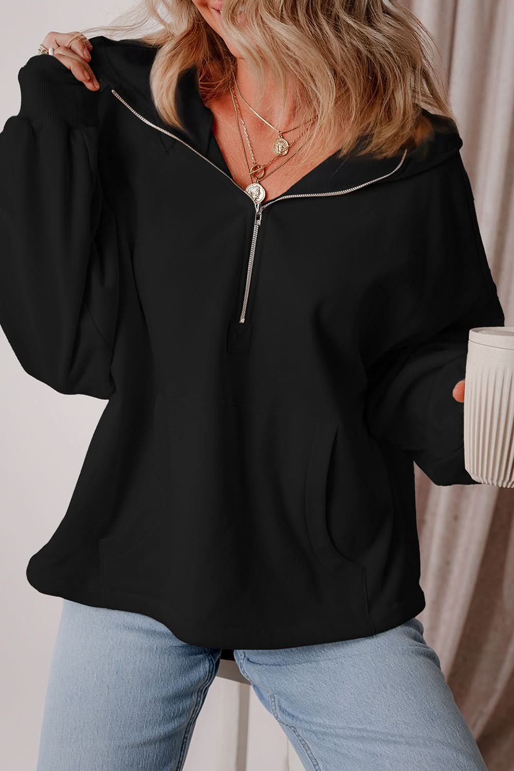 Black Fleece Lined Half Zipper Kangaroo Pockets Loose Hoodie 