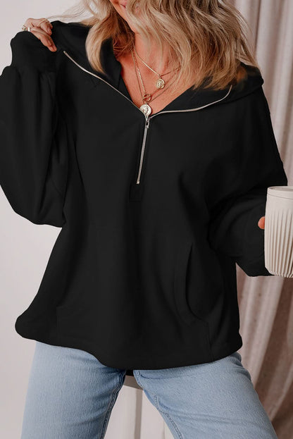 Black Fleece Lined Half Zipper Kangaroo Pockets Loose Hoodie 