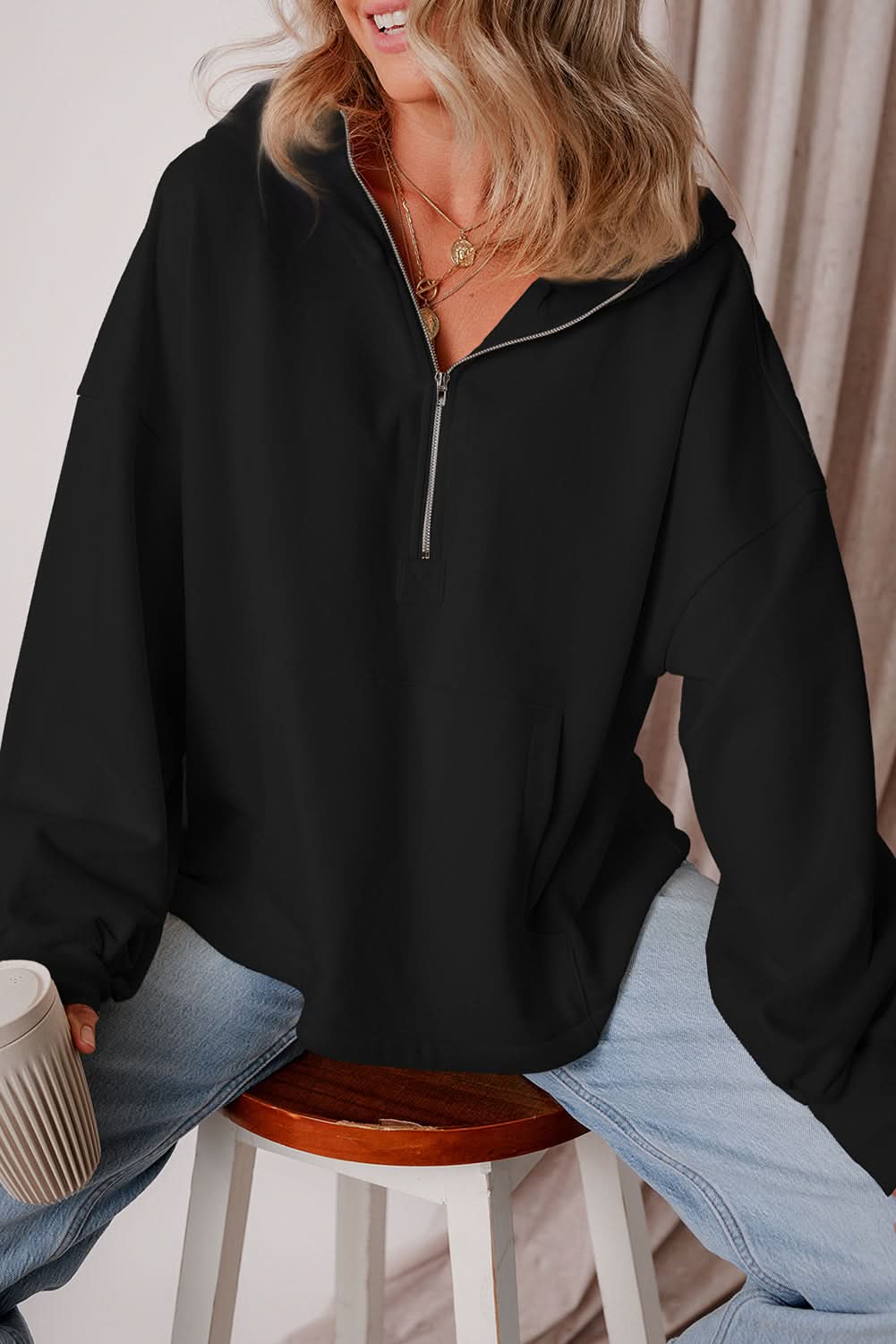 Black Fleece Lined Half Zipper Kangaroo Pockets Loose Hoodie 