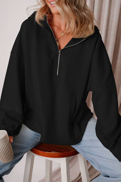 Black Fleece Lined Half Zipper Kangaroo Pockets Loose Hoodie 