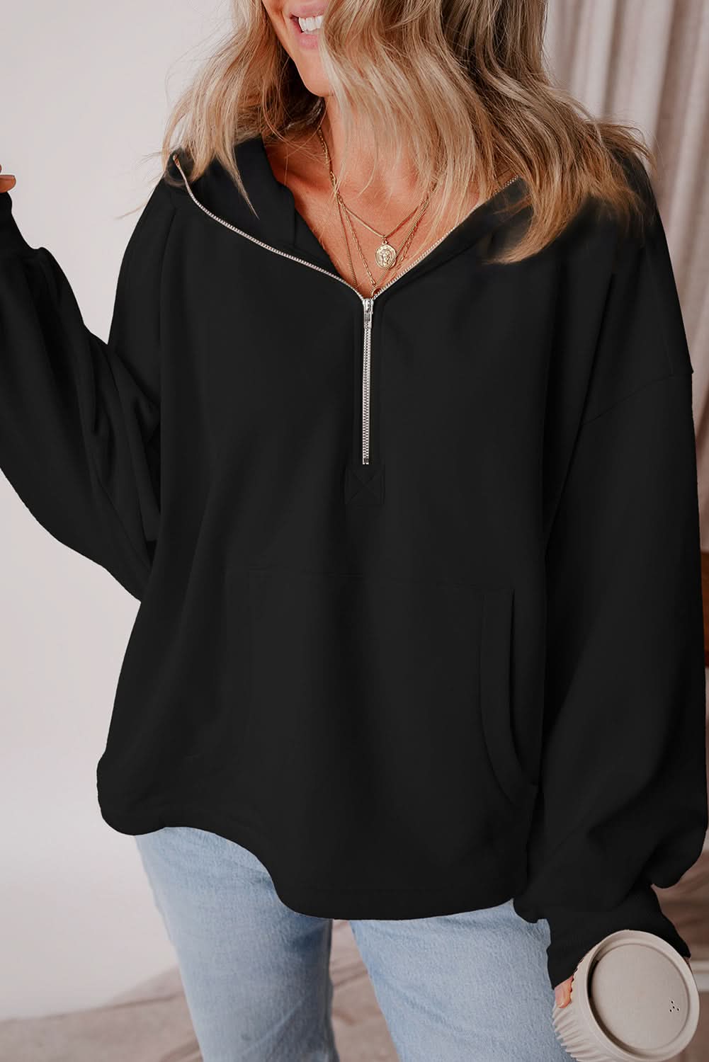 Black Fleece Lined Half Zipper Kangaroo Pockets Loose Hoodie 