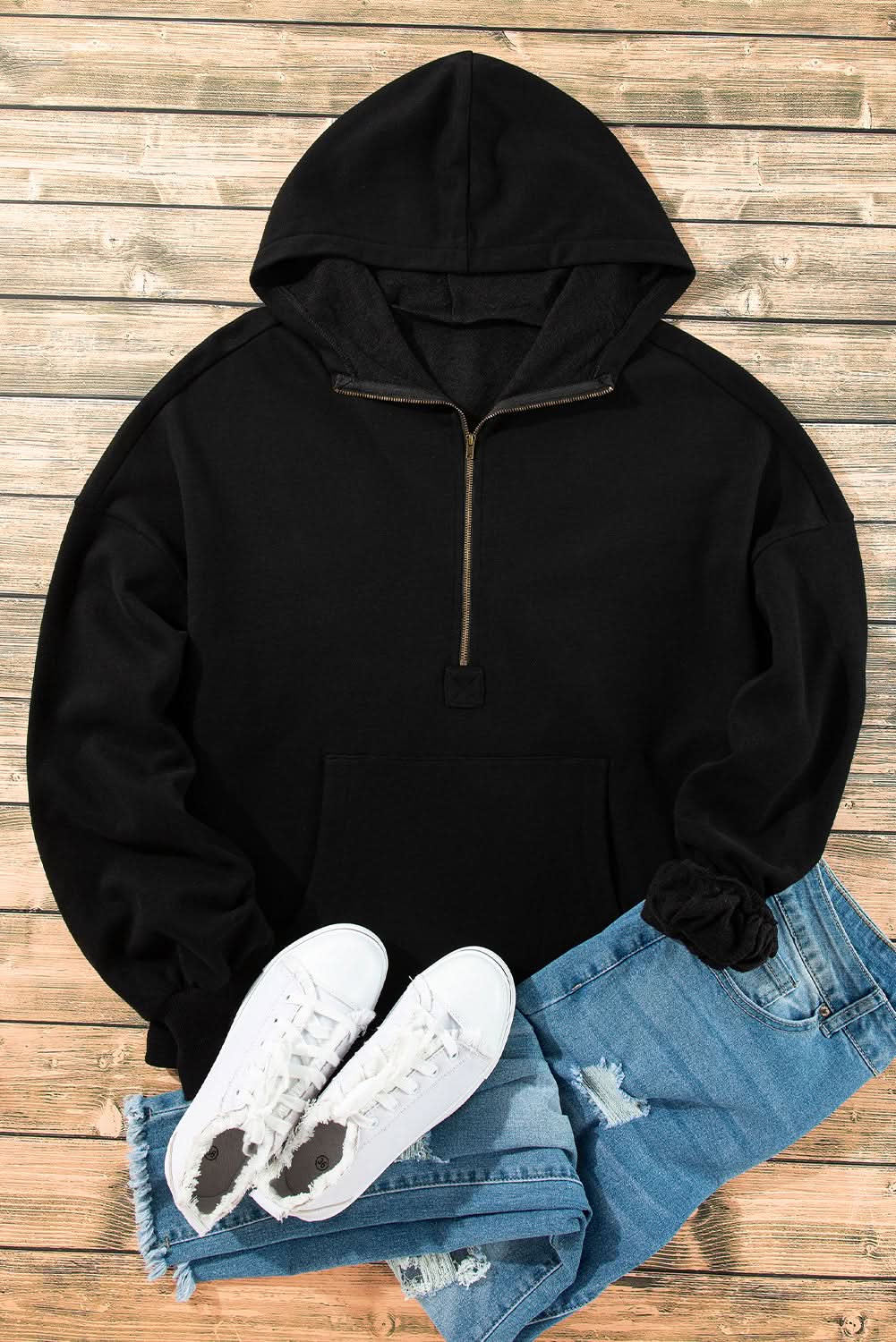 Black Fleece Lined Half Zipper Kangaroo Pockets Loose Hoodie 