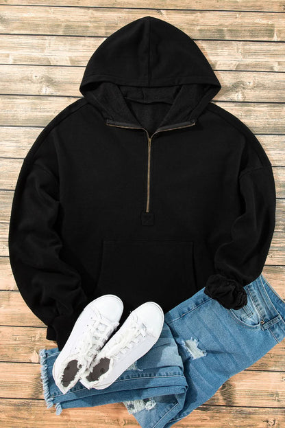 Black Fleece Lined Half Zipper Kangaroo Pockets Loose Hoodie 