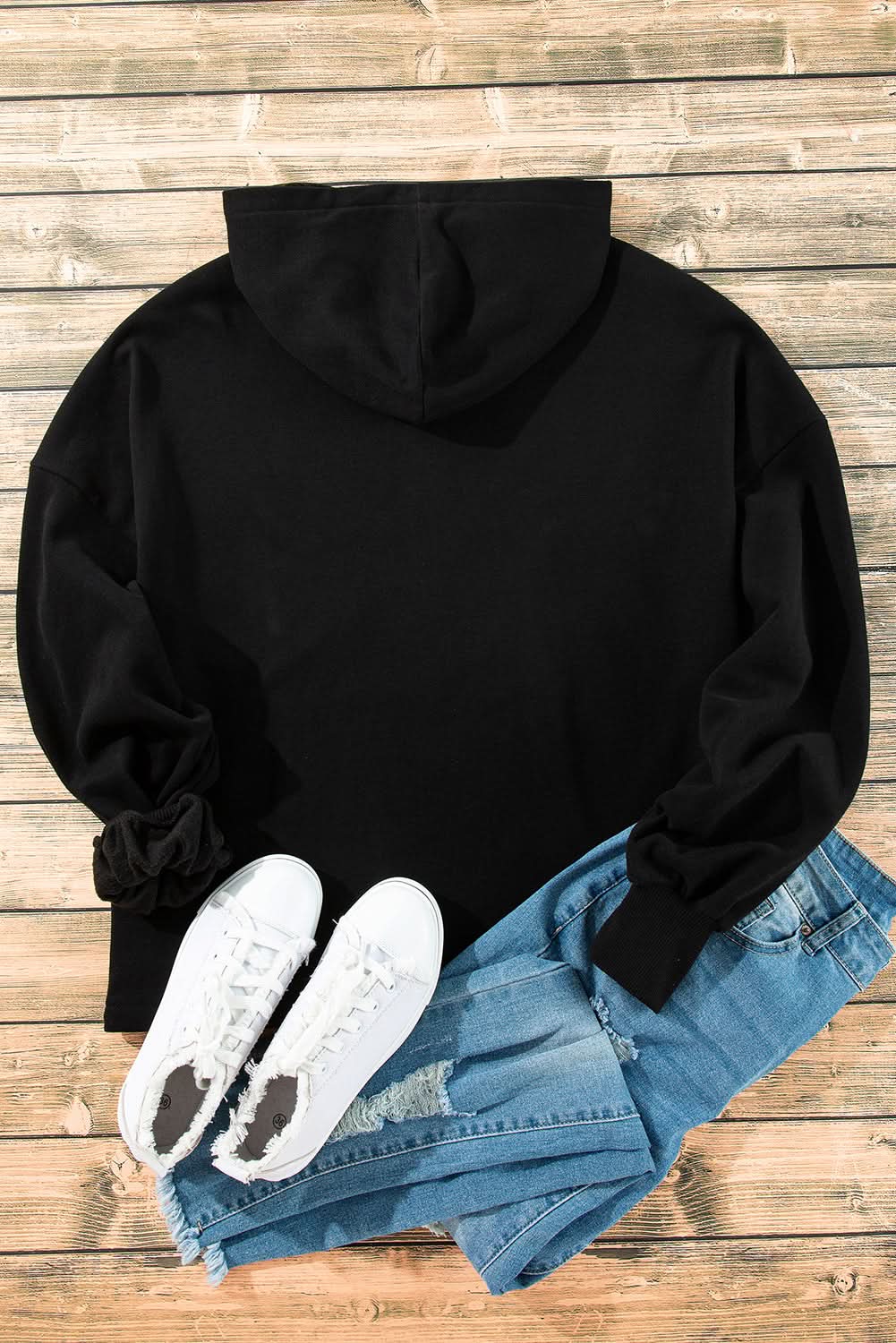Black Fleece Lined Half Zipper Kangaroo Pockets Loose Hoodie 