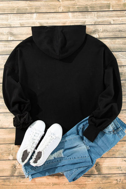 Black Fleece Lined Half Zipper Kangaroo Pockets Loose Hoodie 