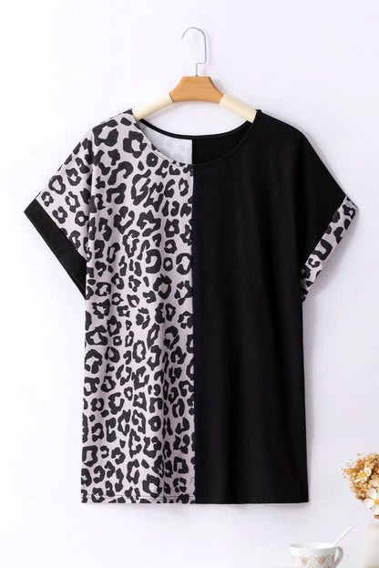 Black Half Leopard Patchwork Plus Size T-shirt 
