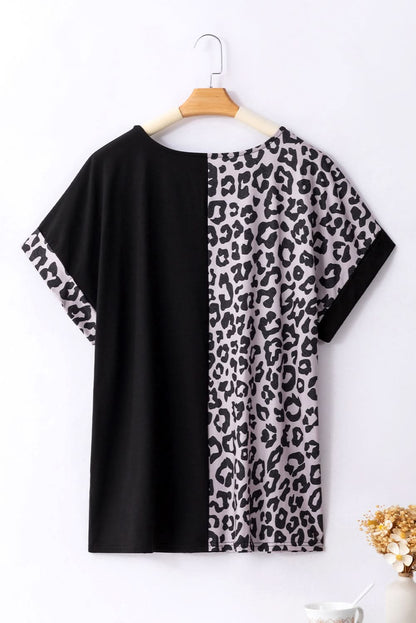 Black Half Leopard Patchwork Plus Size T-shirt 