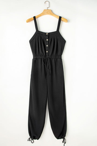 Black Knotted Straps Button Textured Drawstring Jumpsuit - Love Salve 