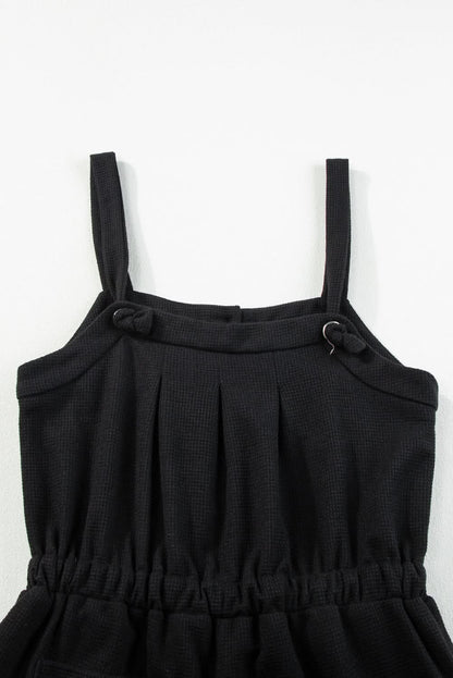 Black Knotted Straps Button Textured Drawstring Jumpsuit - Love Salve 