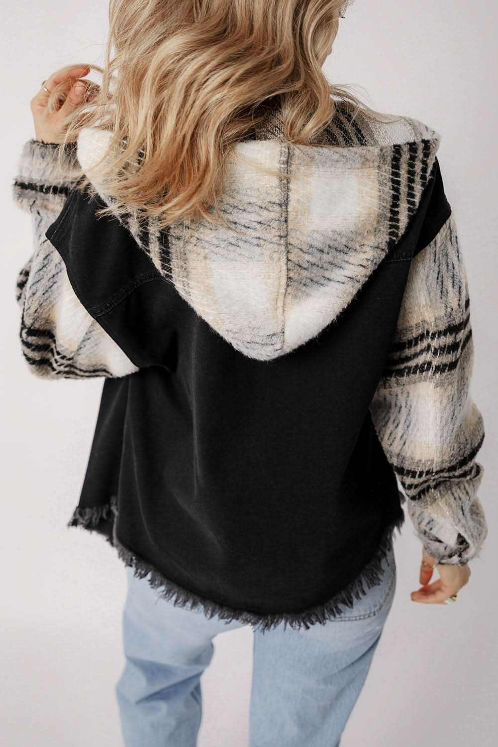 Black Plaid Sleeve Frayed Hem Hooded Denim Jacket - Love Salve 