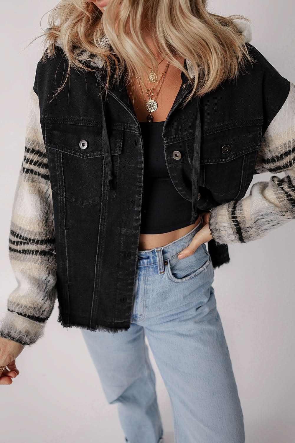 Black Plaid Sleeve Frayed Hem Hooded Denim Jacket - Love Salve 