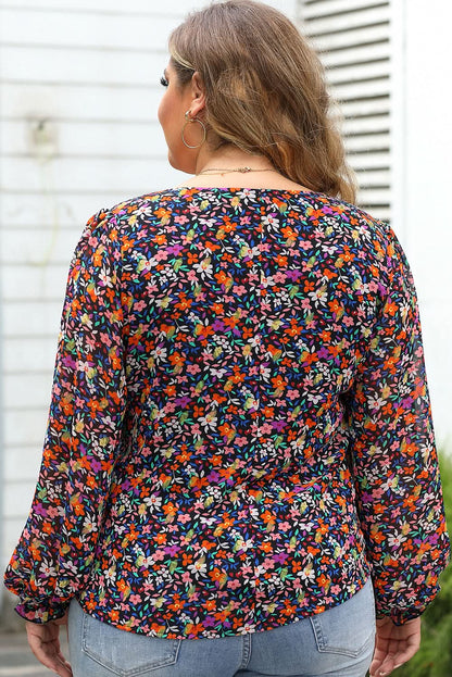 Black Plus Size V Neck Bubble Sleeve Floral Blouse - Love Salve 