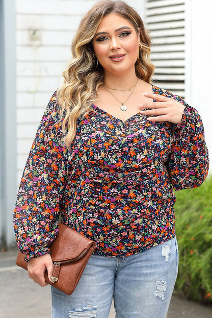 Black Plus Size V Neck Bubble Sleeve Floral Blouse - Love Salve 