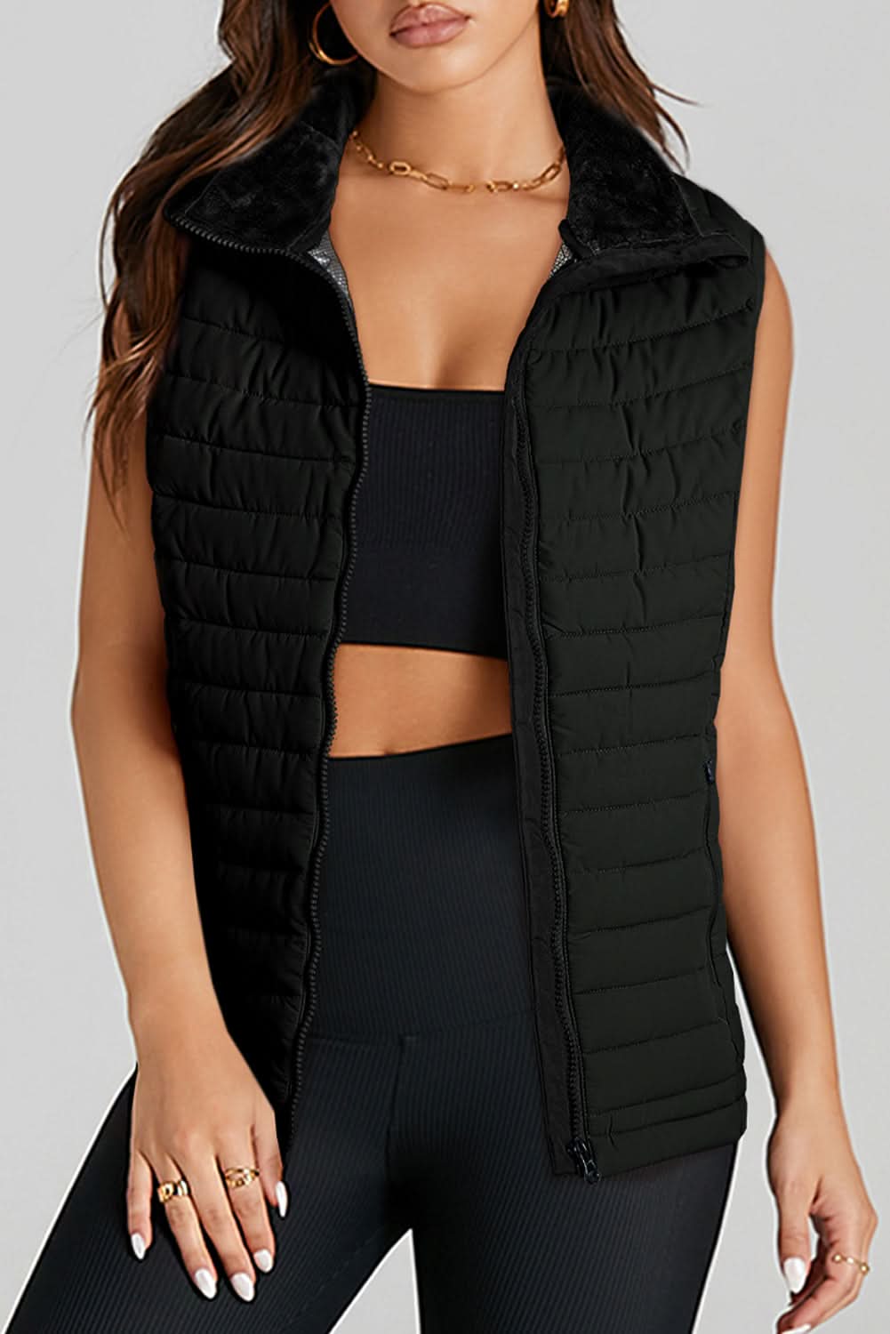 Black Plush Collared Quilted Zipped Puffer Vest 