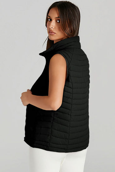 Black Plush Collared Quilted Zipped Puffer Vest 