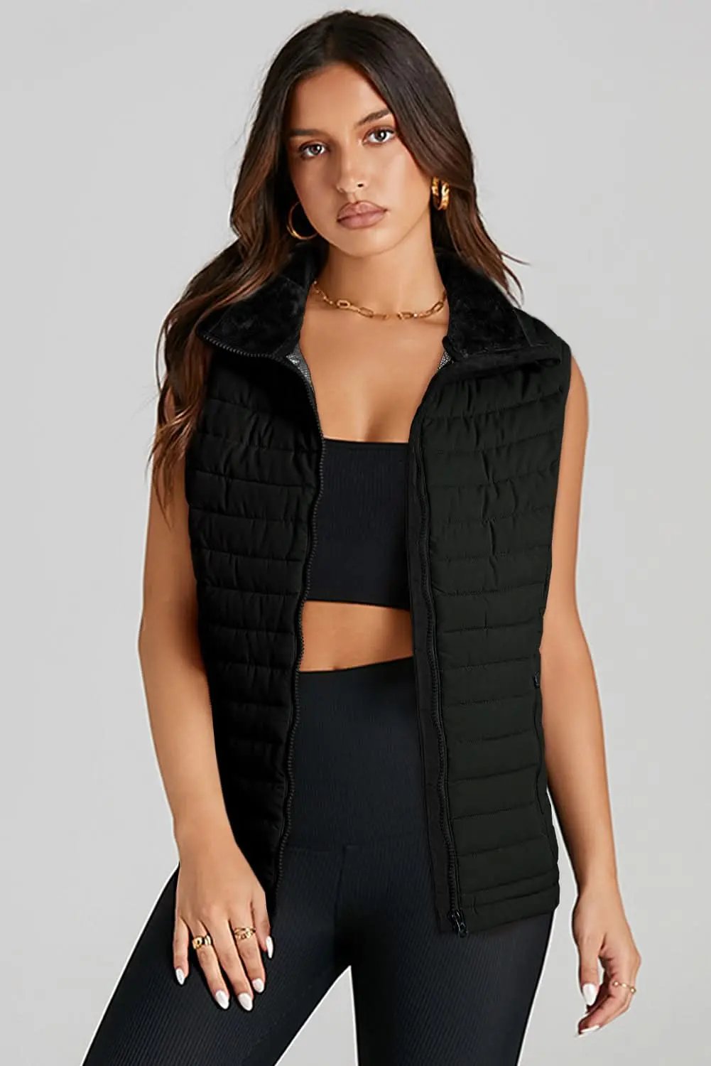 Black Plush Collared Quilted Zipped Puffer Vest - Love Salve 