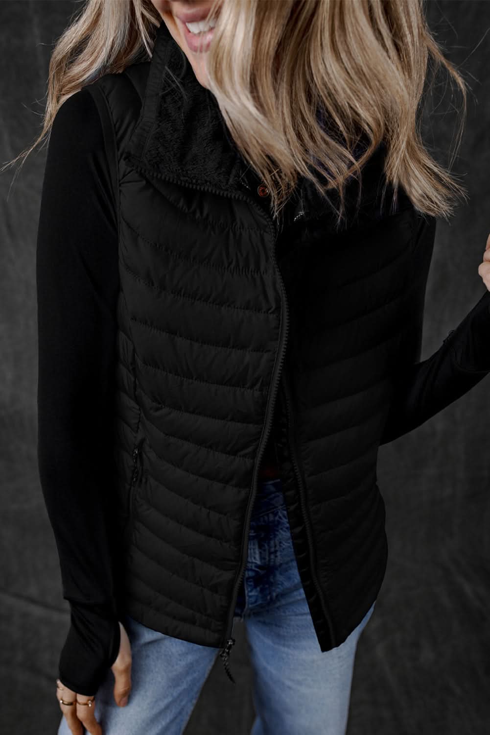 Black Plush Collared Quilted Zipped Puffer Vest - Love Salve 