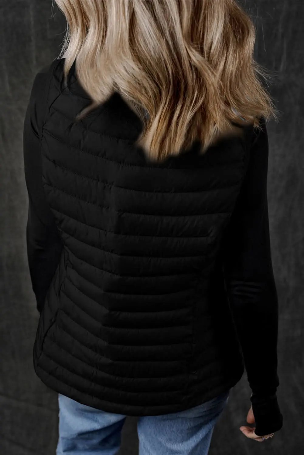 Black Plush Collared Quilted Zipped Puffer Vest - Love Salve 