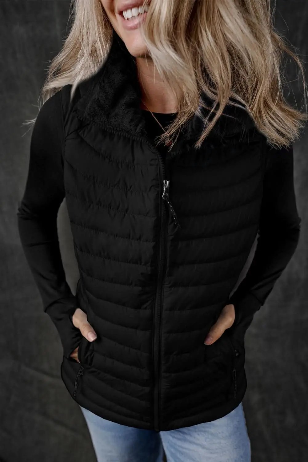 Black Plush Collared Quilted Zipped Puffer Vest - Love Salve 