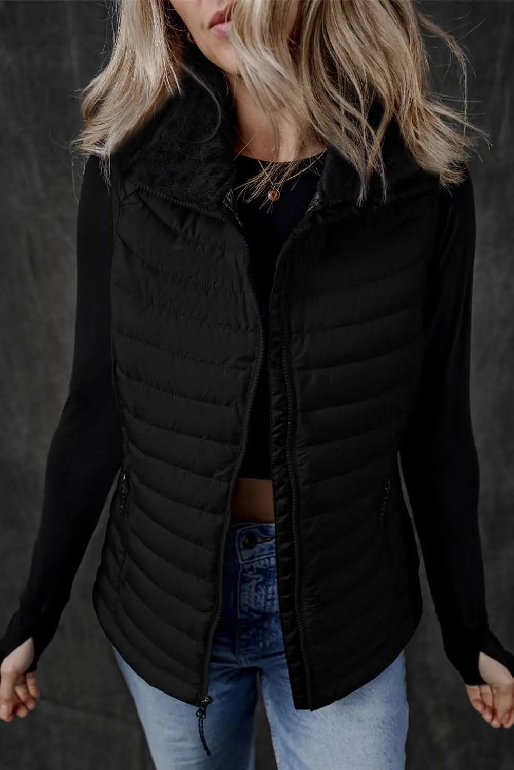 Black Plush Collared Quilted Zipped Puffer Vest - Love Salve 