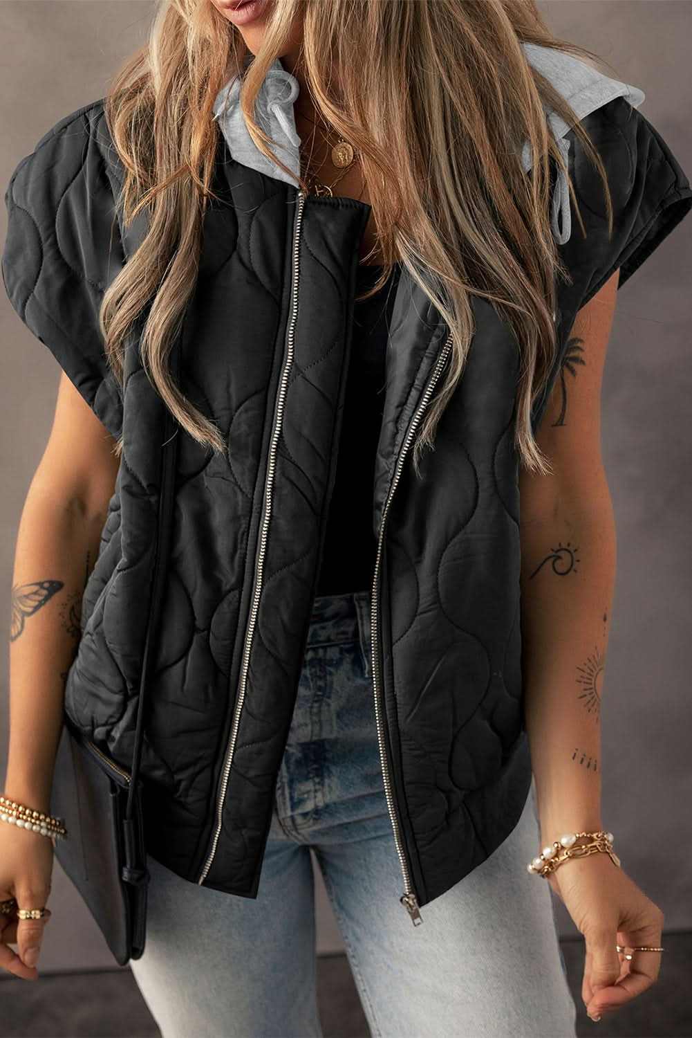 Black Quilted Drawstring Hooded Zip Up Puffer Vest 