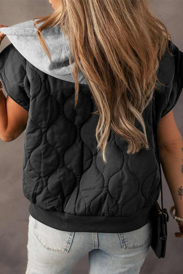 Black Quilted Drawstring Hooded Zip Up Puffer Vest 