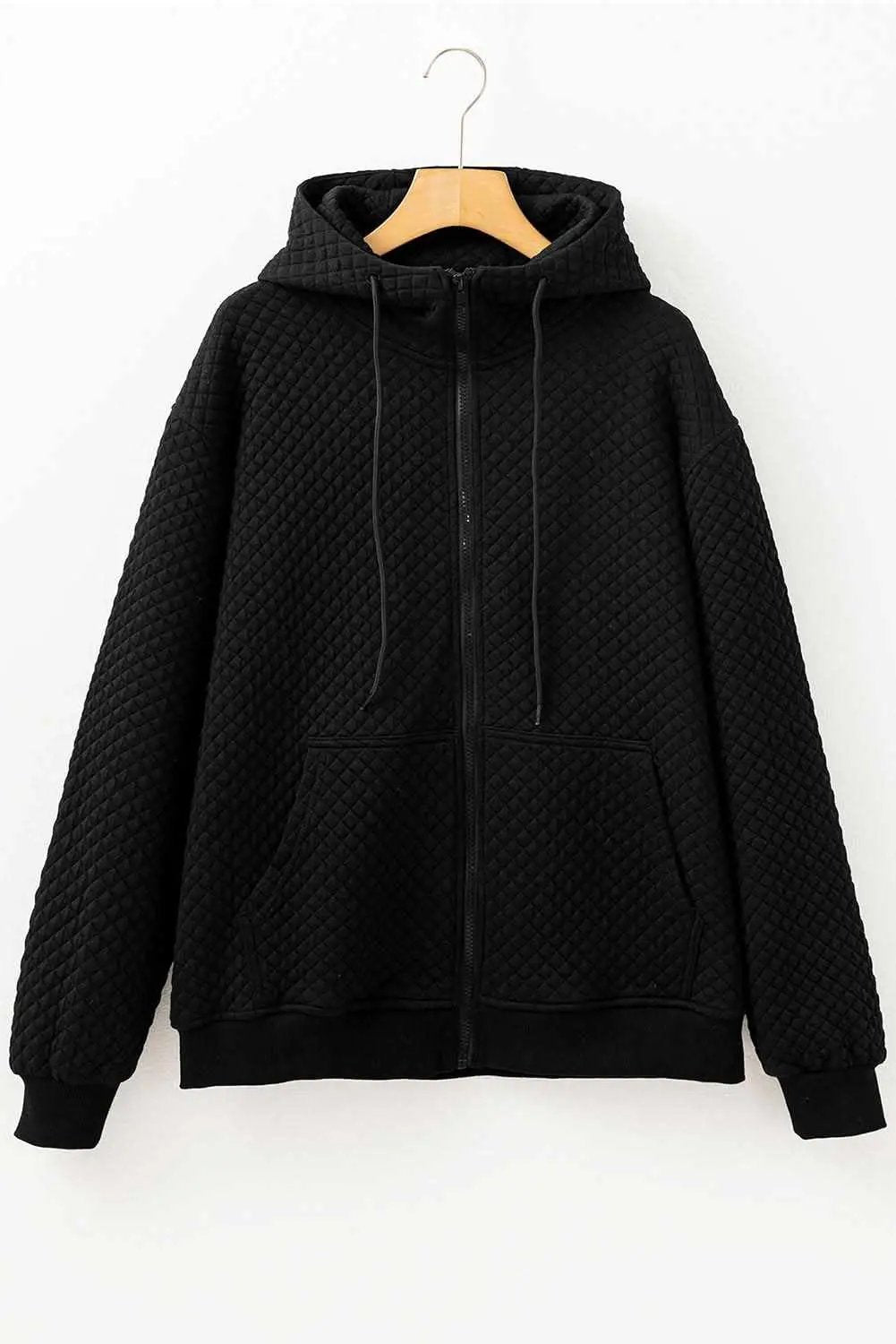 Black Quilted Side Pockets Zipper Hooded Jacket - Love Salve 