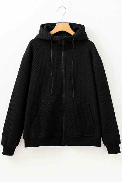 Black Quilted Side Pockets Zipper Hooded Jacket - Love Salve 