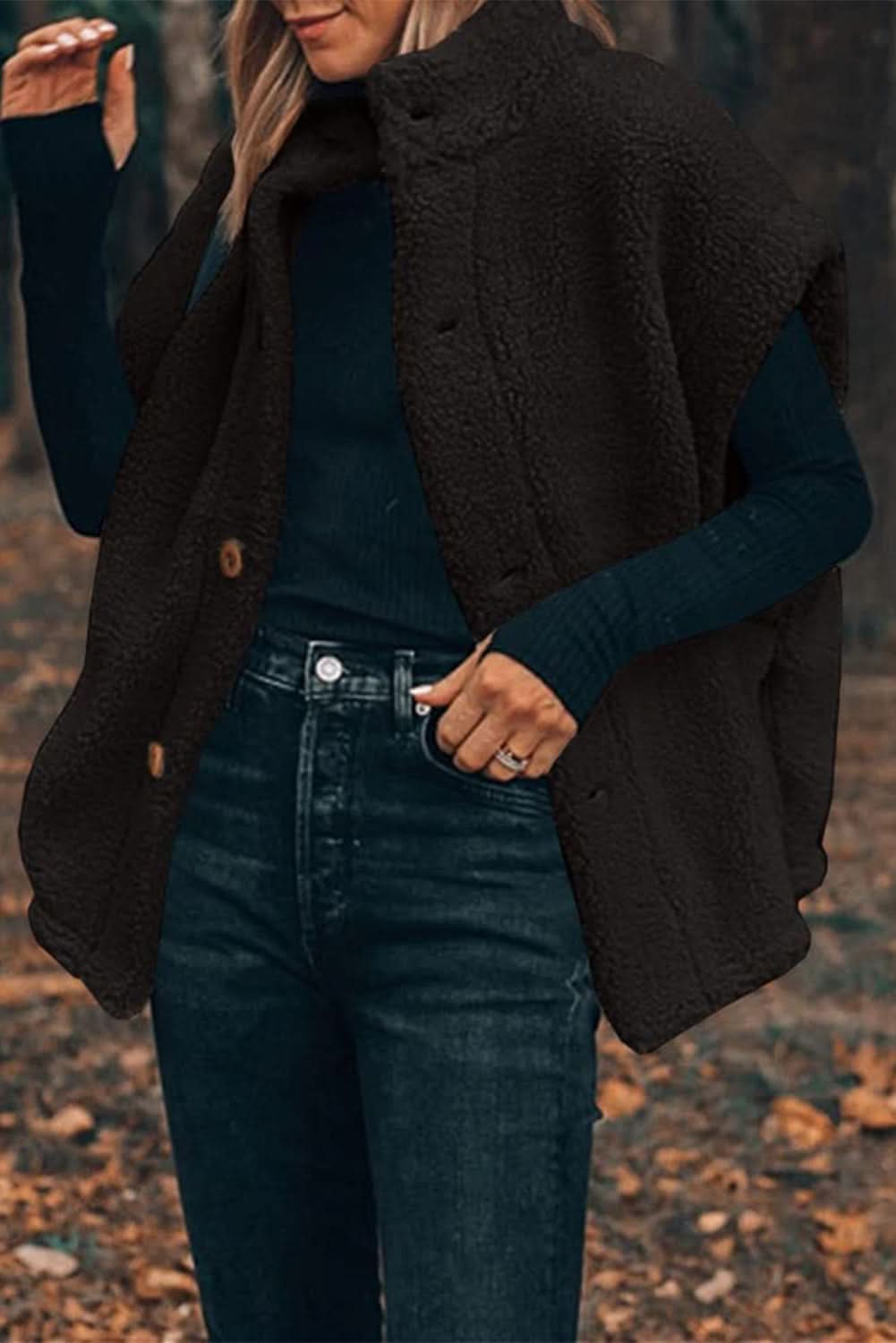 Black Sherpa Stand Collar Jacket Vest 