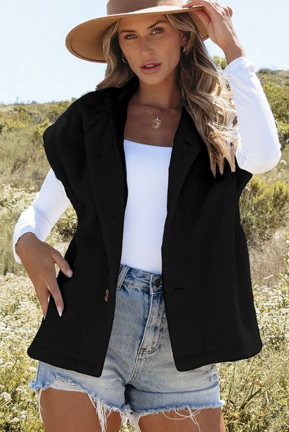 Black Sherpa Stand Collar Jacket Vest - Love Salve 